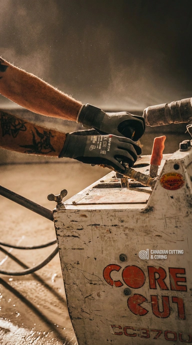 Operator connecting water to an electric slab saw for a wet cut to cool the blade and control dust