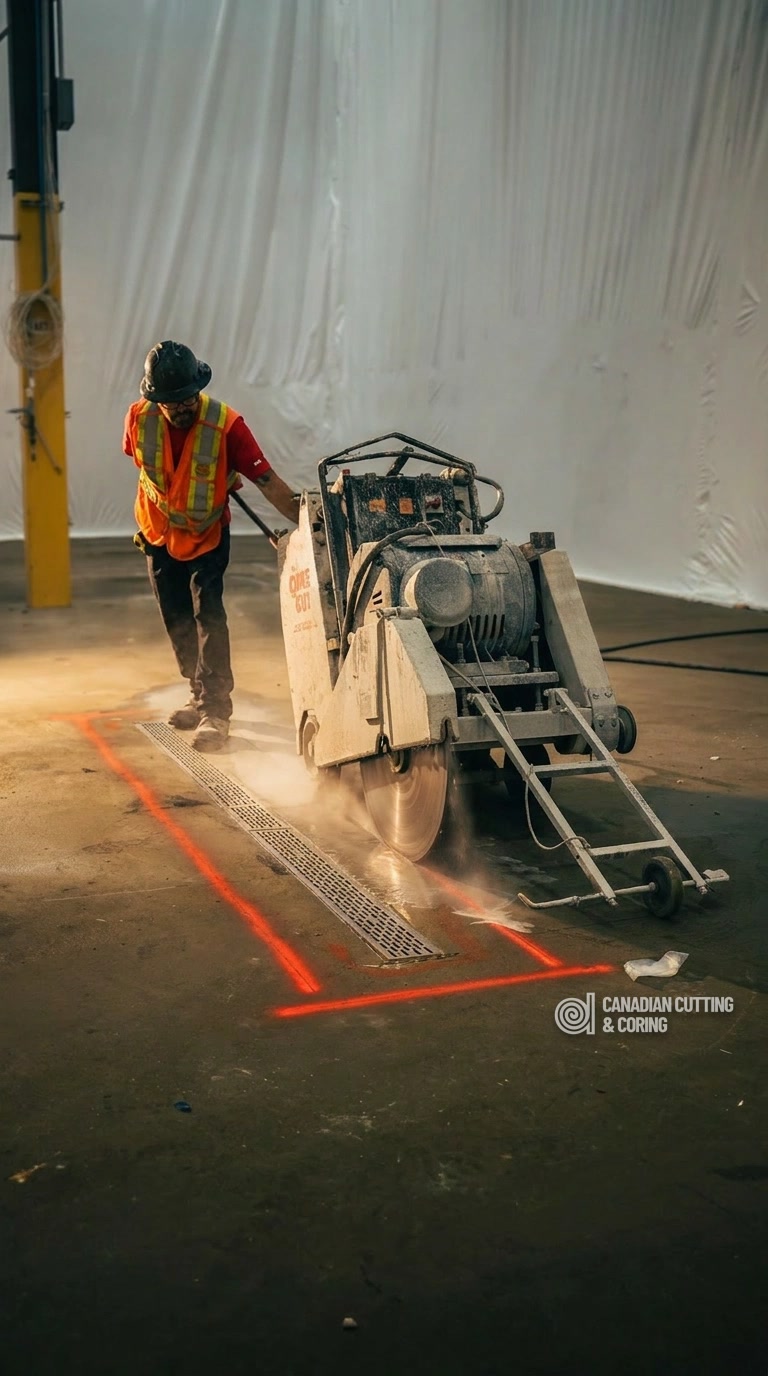 Electric walk-behind slab saw making a full-depth cut through a reinforced concrete floor